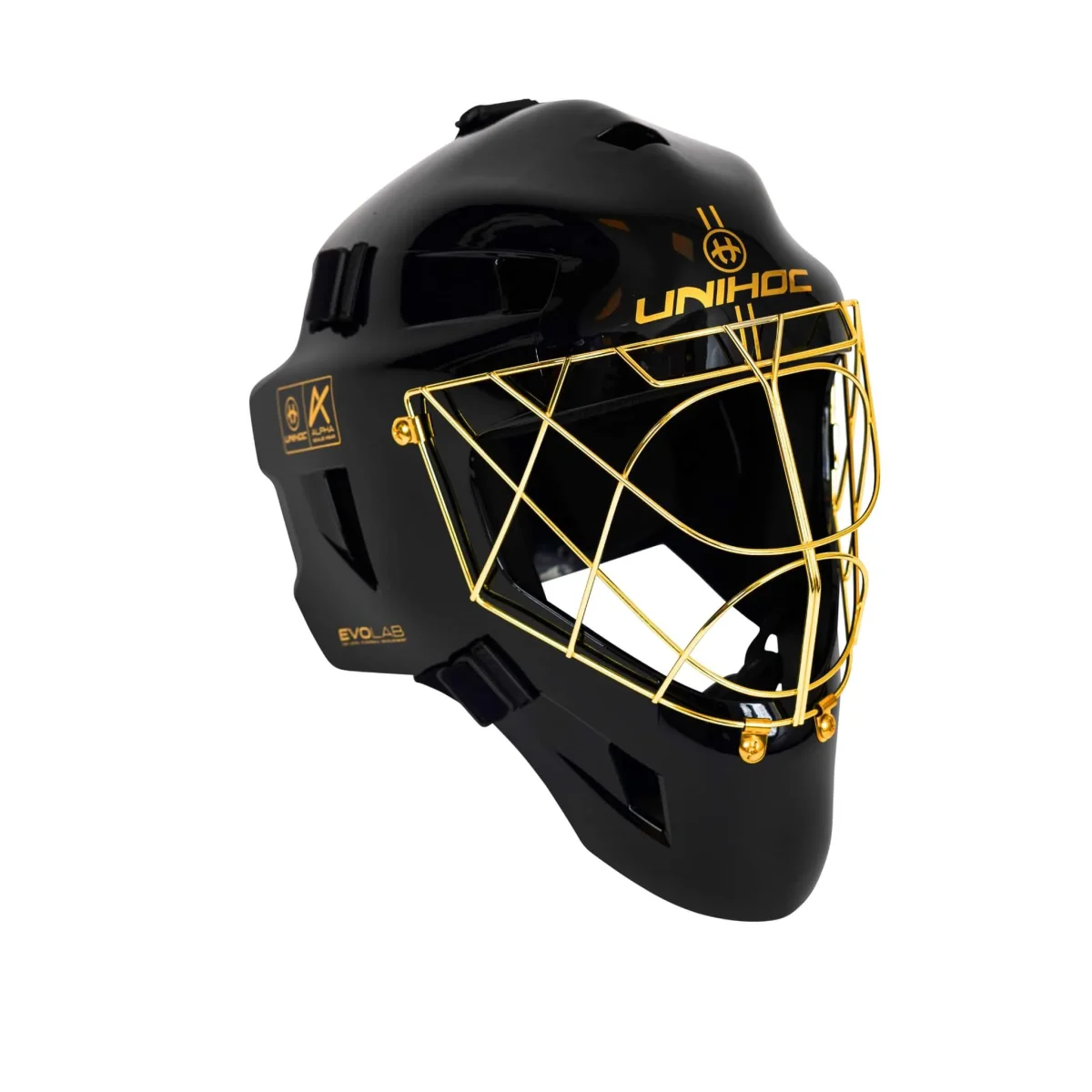Unihoc Målvaktshjälm ALPHA PRIME Evolab Black/Gold - Bild 2