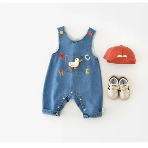 Hängselbyxor med Anka – Lucky Duck Unisex, Blå, Denim, Bomull, Storlek 0–3 år