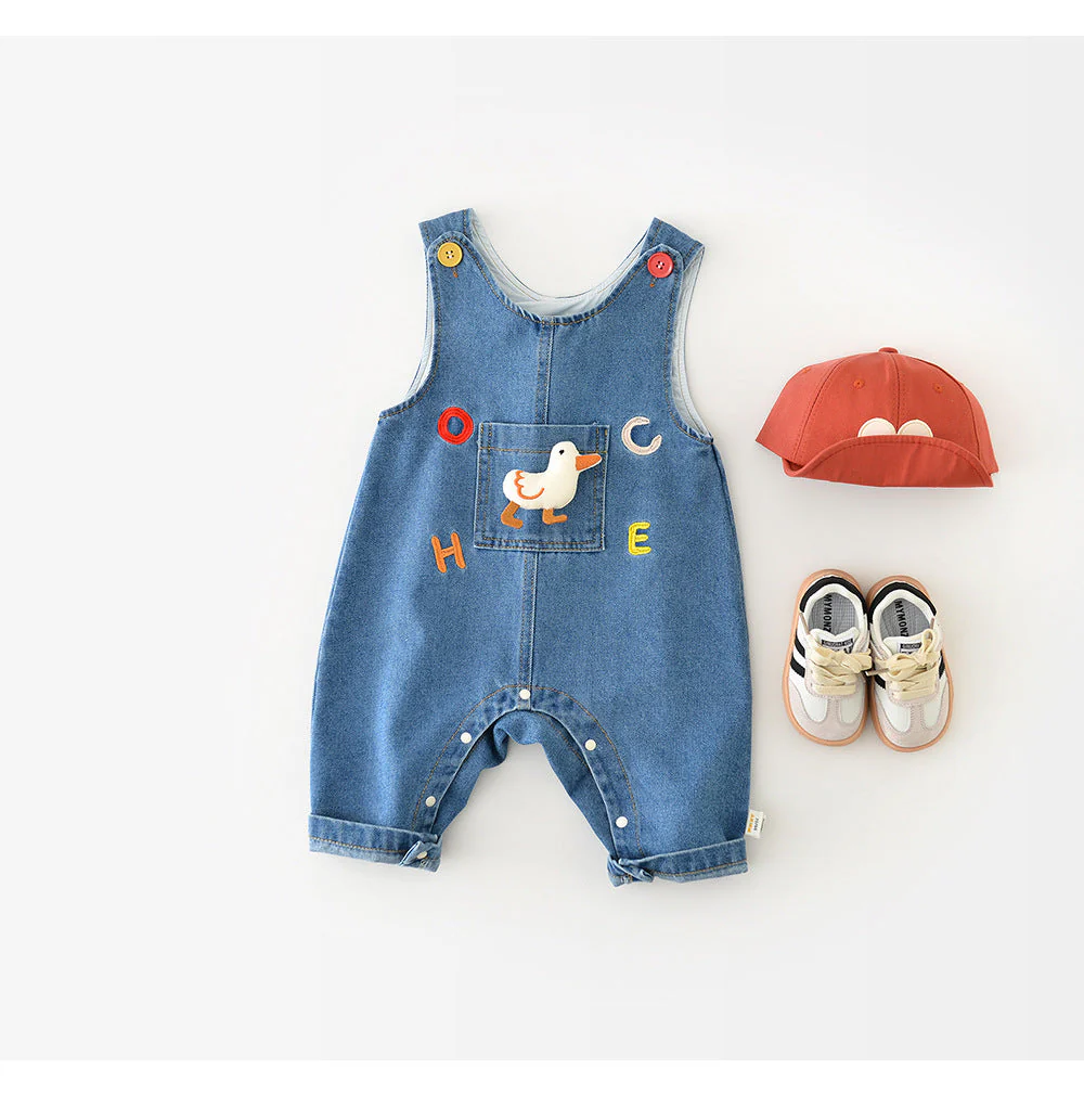 Hängselbyxor med Anka – Lucky Duck Unisex, Blå, Denim, Bomull, Storlek 0–3 år