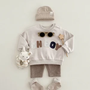 Klädset med leggings och tröja – LittleNomad Pojkar, Beige/Brun/Grön, Bomull, Storlek 0–3 år
