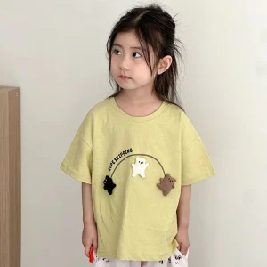 3D T-shirt med björnar som hoppar hopprep – Beary Bounce Unisex, Beige/Grön, Bomull, Storlek 0–8 år