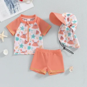 SunnySplash Badset för Barn | T-shirt, Shorts & Solhatt | UV-skydd | Dinosaurie & Krabba | 0–3 år