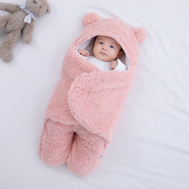 Omlottfilt med björnöron – Baby, Beige/Blå/Rosa/Vit, Fleece, Bomull - Bild 4