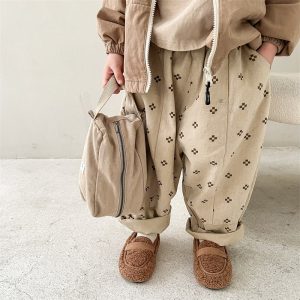 Baggybyxa med Tryck – Mila Bloomers Unisex, Brun/Beige, Bomull, Linne, Storlek 0–6 år