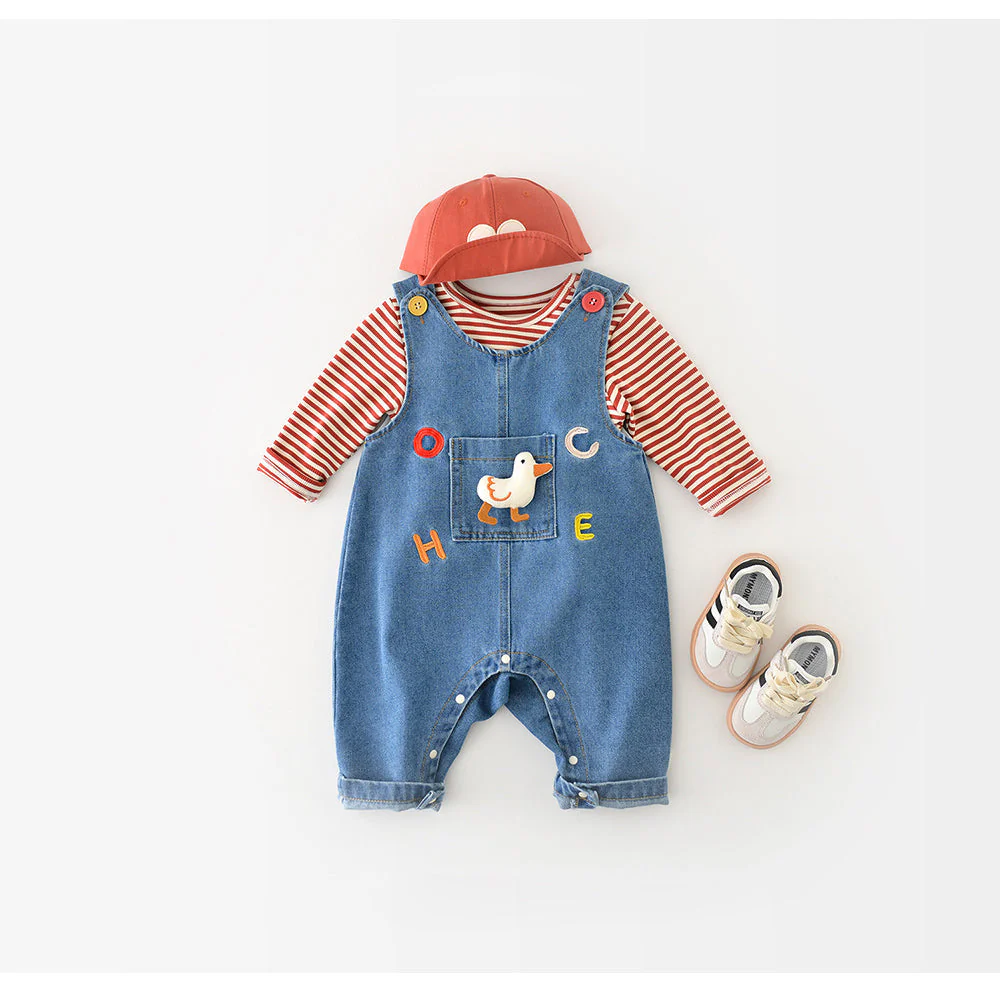 Hängselbyxor med Anka – Lucky Duck Unisex, Blå, Denim, Bomull, Storlek 0–3 år - Bild 6